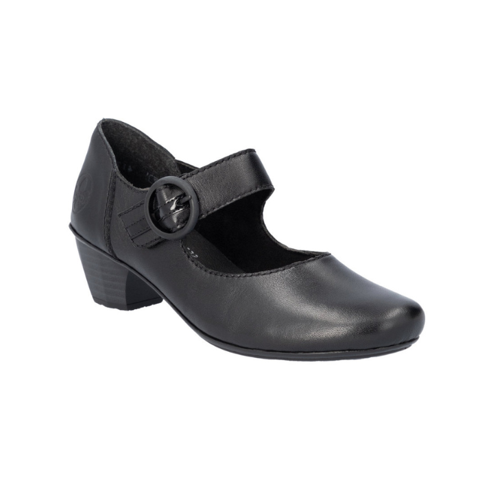Black leather heeled mary-jane shoe with a black buckle on strap.