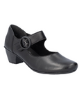 Black leather heeled mary-jane shoe with a black buckle on strap.