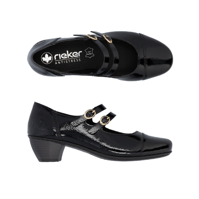 Pair of Black patent mary janes shoe with two gold buckle straps, black footbed with silver Rieker logo and a low block heel. 