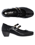 Pair of Black patent mary janes shoe with two gold buckle straps, black footbed with silver Rieker logo and a low block heel. 