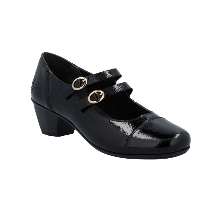 Black patent mary jane shoe with two gold buckle straps and a low block heel. 