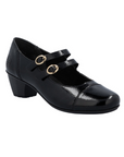 Black patent mary jane shoe with two gold buckle straps and a low block heel. 