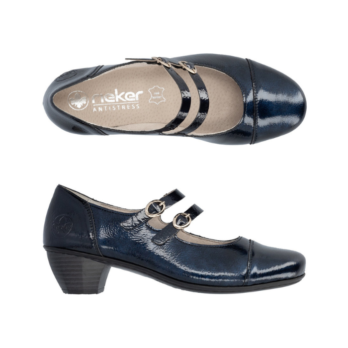 Pair of deep navy patent Mary-jane shoes with two buckle straps, beige Rieker logo'd footbed and a low block heel. 