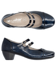 Pair of deep navy patent Mary-jane shoes with two buckle straps, beige Rieker logo'd footbed and a low block heel. 