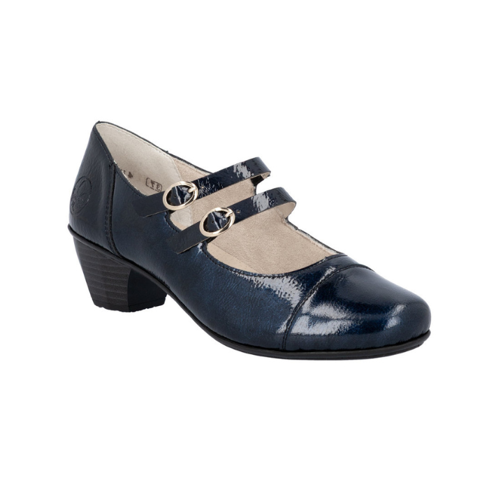 Deep navy patent mary jane shoe with two buckle straps and a low block heel. 