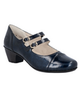 Deep navy patent mary jane shoe with two buckle straps and a low block heel. 