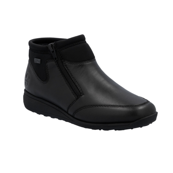 Black ankle boot with side zipper.
