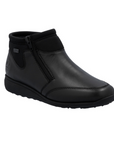 Black ankle boot with side zipper.