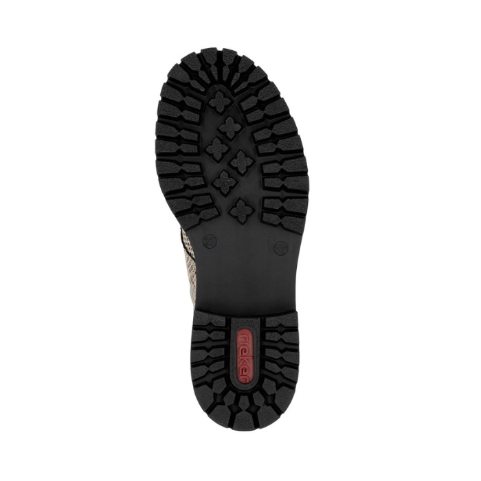 Black treaded outsole with red Rieker logo on heel.
