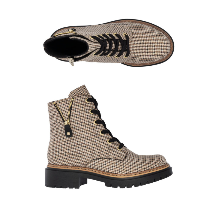 Pair of Houndstooth in beige and black patterned boots with black laces, faux detail zipper and a black lugged outsole.