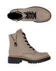 Pair of Houndstooth in beige and black patterned boots with black laces, faux detail zipper and a black lugged outsole.