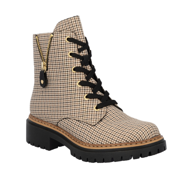 Houndstooth in beige and black patterned boot with black laces, faux detail zipper and a black lugged outsole.