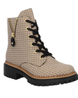 Houndstooth in beige and black patterned boot with black laces, faux detail zipper and a black lugged outsole.