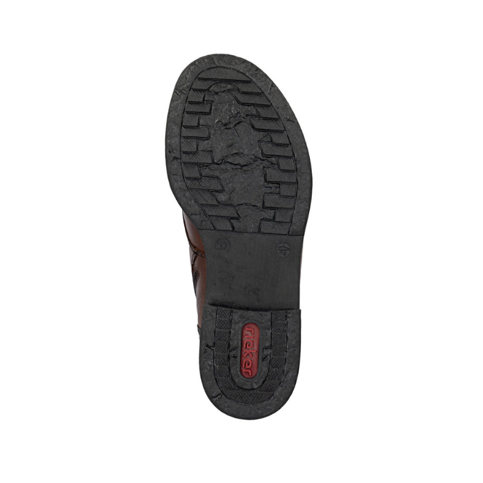 Black lightly treaded rubber outsole of boot with re Rieker logo on heel.