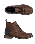 Pair of brown leather lace boots with brown laces, inside zipper, black heel cap and brown low outsole.