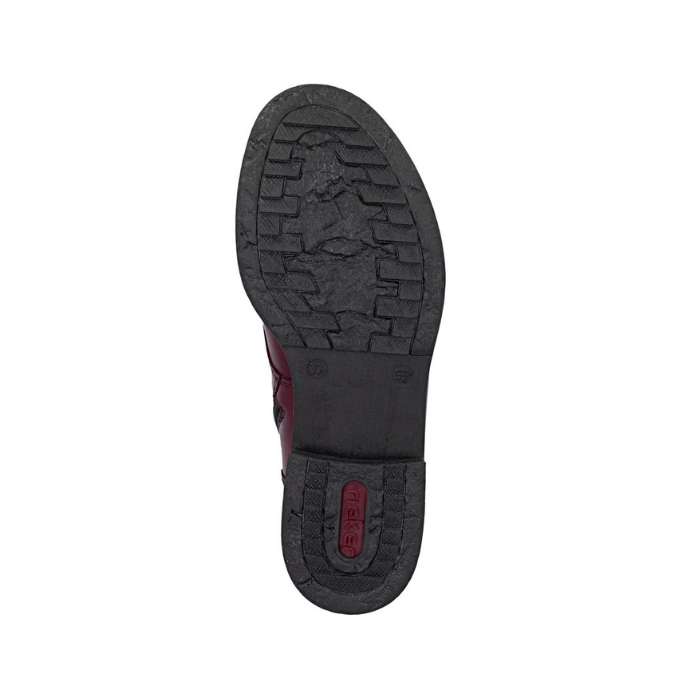 Black light treaded outsole with red Rieker logo on heel.