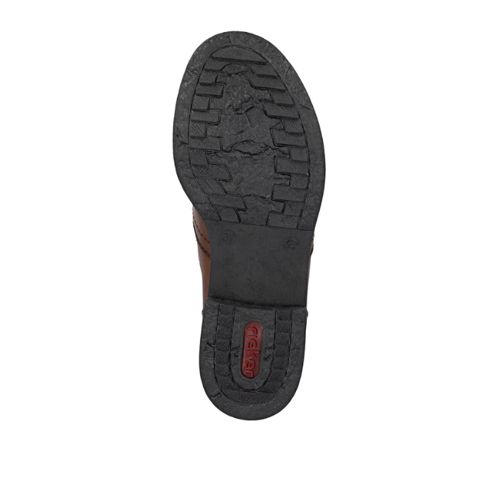 Black light treaded outsole with red Rieker logo on heel.