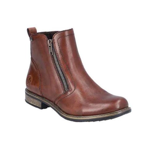 A brown ankle boot with a side zipper, detailed stitching and a tan thin midsole and black outsole.