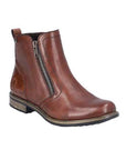 A brown ankle boot with a side zipper, detailed stitching and a tan thin midsole and black outsole.