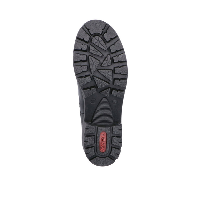 Black lugged outsole with red Rieker logo on heel.