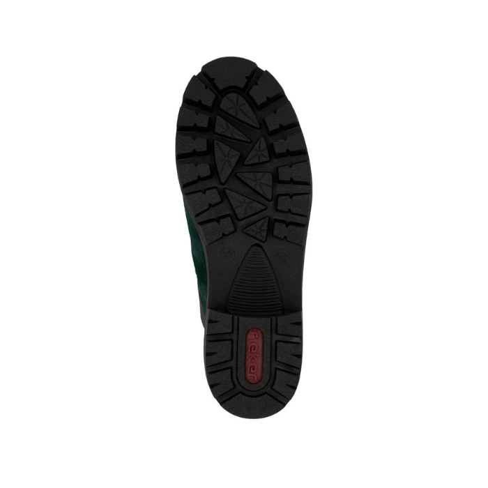 Black lugged outsole with red Rieker logo on heel.