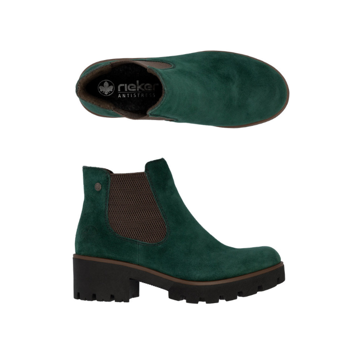 Pair of Deep green suede Chelsea boot with grey elastic goring, black Rieker logo&#39;d footbed and chunky black lugged low heel outsole.