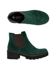 Pair of Deep green suede Chelsea boot with grey elastic goring, black Rieker logo'd footbed and chunky black lugged low heel outsole.