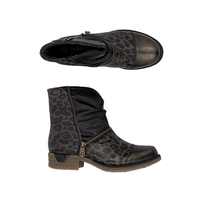 Pair of Women&#39;s ankle boots in leopard and black with asymmetrical faux zipper and low heel.