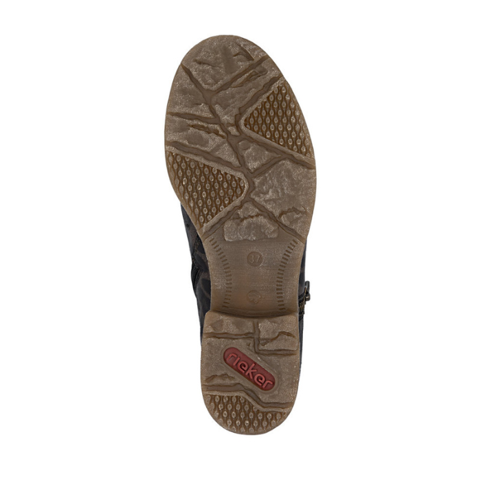 Brown sole of a shoe with a red Rieker logo on heel.