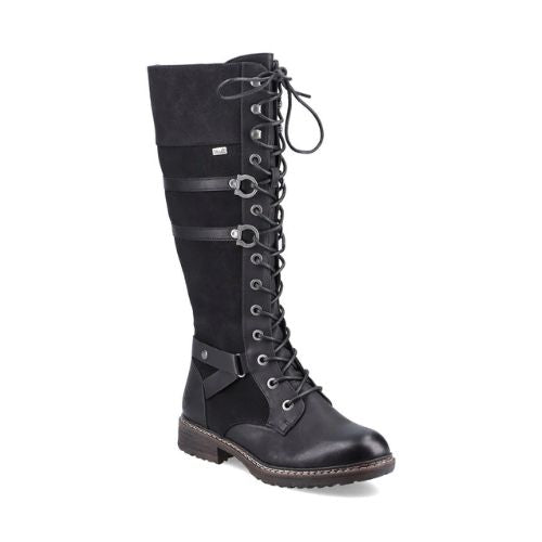 Tall black leather boot with waxed black laces and lots of accents in straps, buckles and suede. 