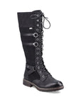 Tall black leather boot with waxed black laces and lots of accents in straps, buckles and suede. 