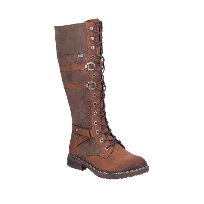 Tall brown leather boot with waxed brown laces and lots of accents in straps, buckles and darker suede. 