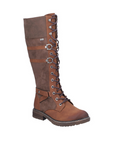 Tall brown leather boot with waxed brown laces and lots of accents in straps, buckles and darker suede. 
