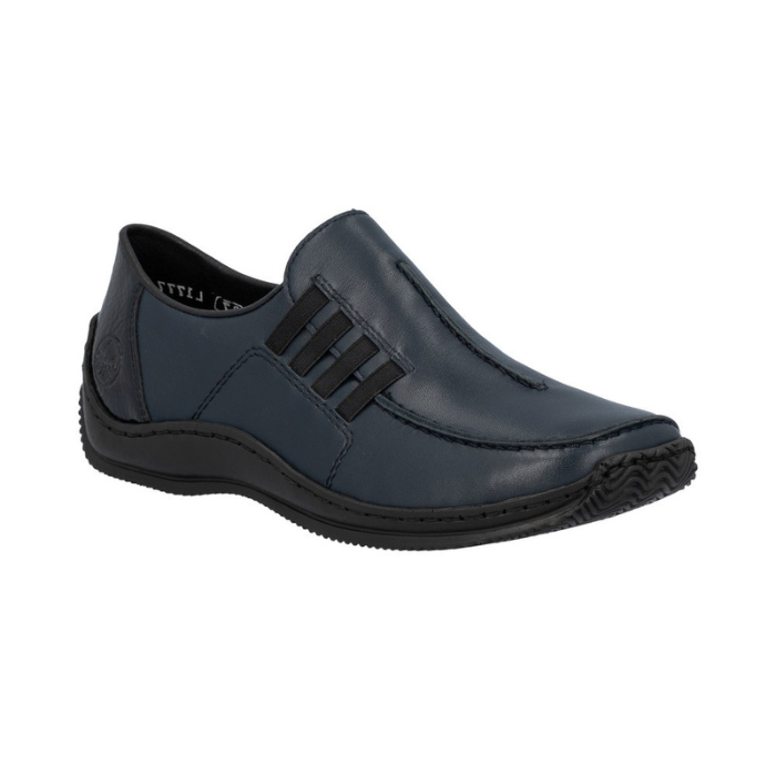 Navy slip-on shoe with black accent stitched lines, side elastics and black outsole.