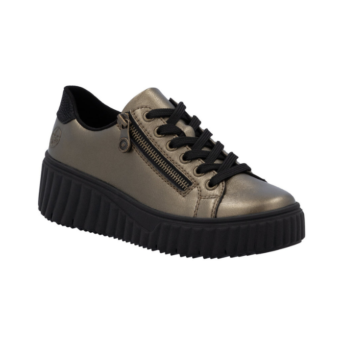 Bronze sneaker with black laces, side zipper,  black accent heel and black platform outsole.