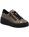Bronze sneaker with black laces, side zipper,  black accent heel and black platform outsole.