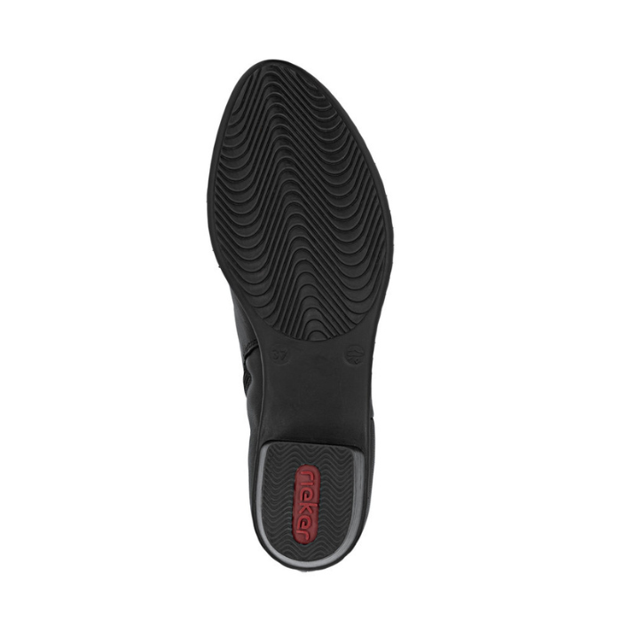Black treaded outsole with red Rieker logo on low heel.