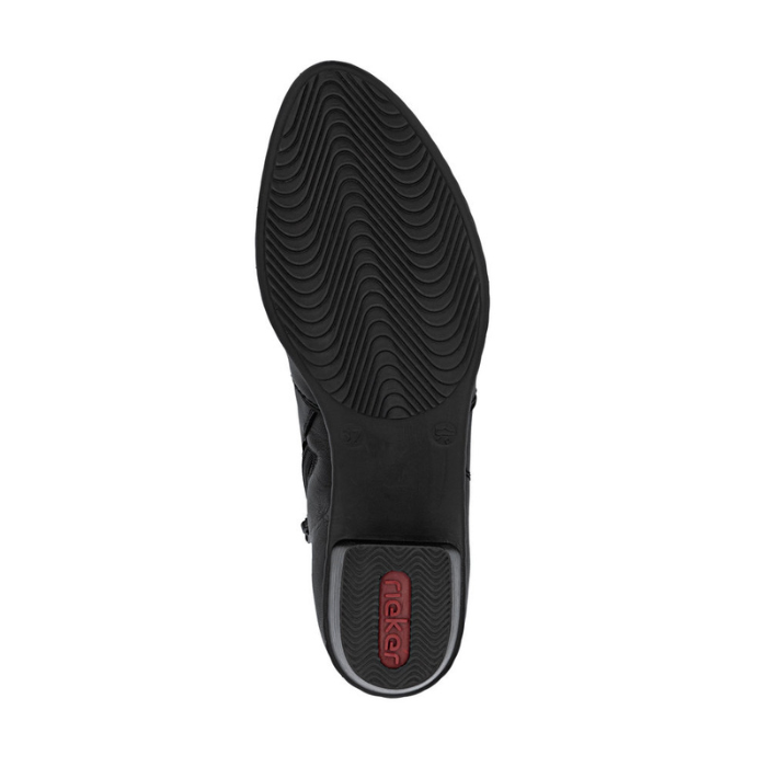 Wave treaded outsole on black low heeled ankle boot with red Rieker logo on heel.