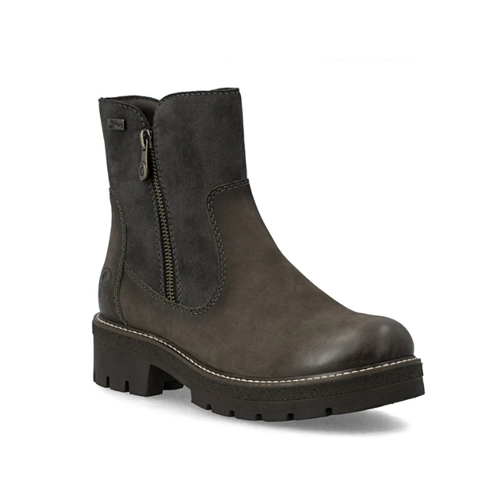 A dusted dark grey lace-up ankle boot with a mix of smooth leather and textured suede panels, dual zippers and lugged outsole.