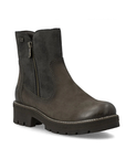 A dusted dark grey lace-up ankle boot with a mix of smooth leather and textured suede panels, dual zippers and lugged outsole.