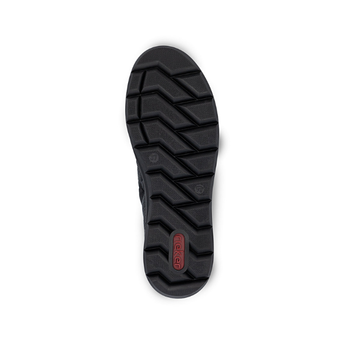 Black rubber outsole with zig zag pattern and red Rieker logo on heel.