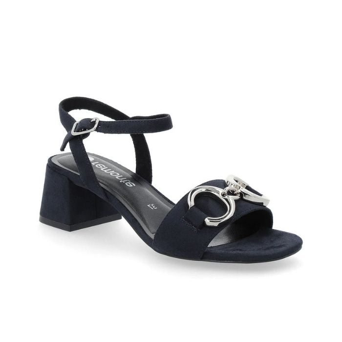 Dark navy block heel sandals with thin ankle buckle strap and two silver linked circle designs on toe strap.