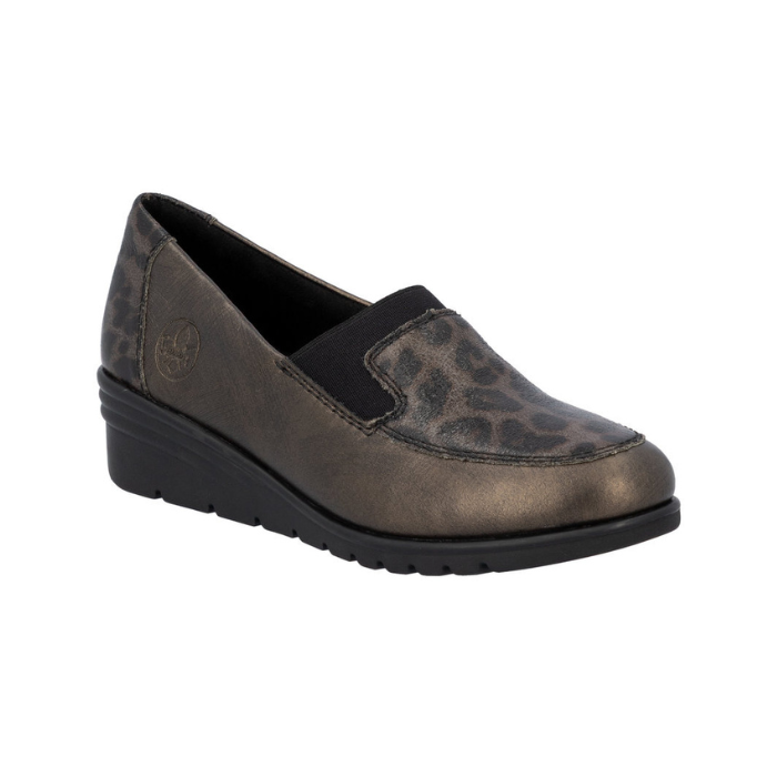Brown slip-on wedge shoe with black leopard print pattern accents and black rubber outsole.
