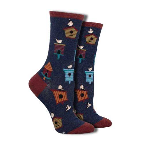 Socksmith Women's Bird Houses Socks featuring colorful birdhouse patterns with small birds on a navy background. Perfect cotton crew socks for bird lovers.