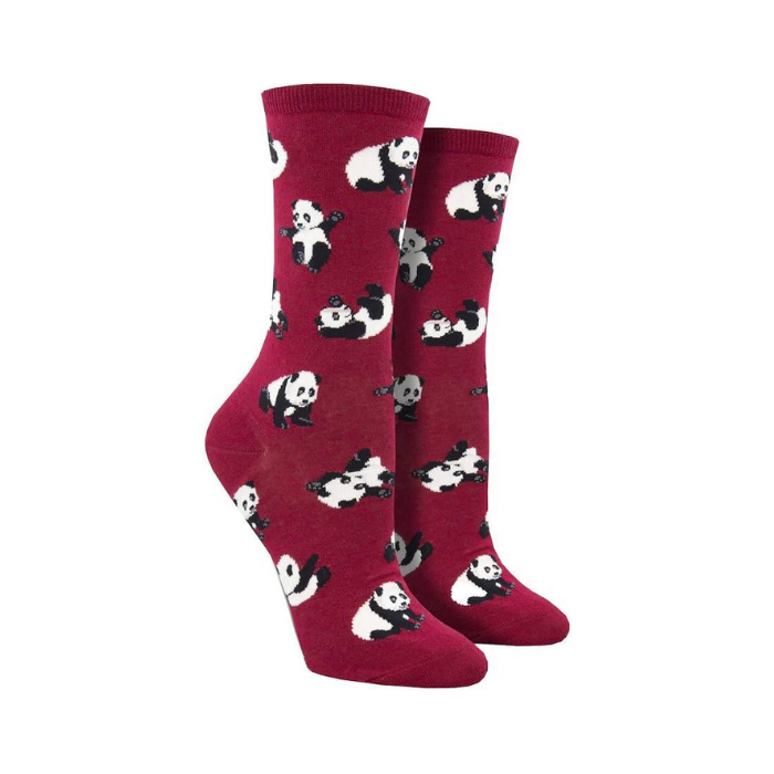 Women's Socksmith Cuddle Puddle cotton crew socks in red with playful panda print, perfect for animal lovers and cozy everyday wear.
