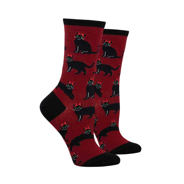 Women's Devilish Cat Socks in red with black cats wearing devil horns, perfect for Halloween or quirky feline fashion lovers.
