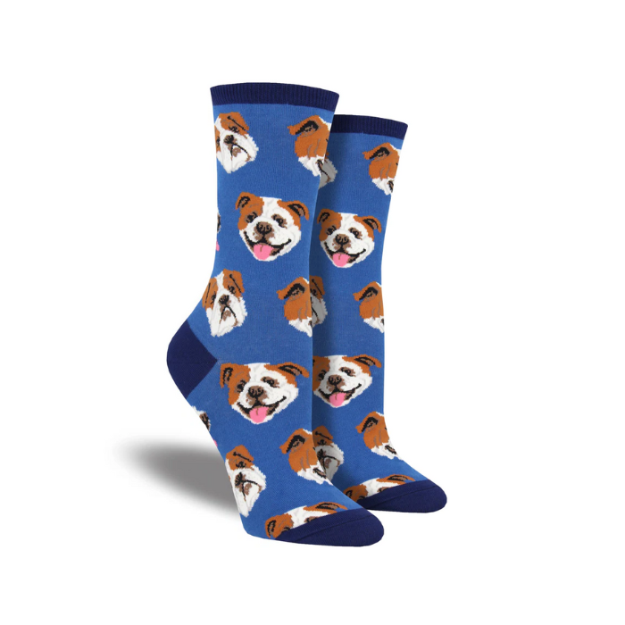 Women's Socksmith Incredibull cotton socks featuring smiling bulldog faces on a blue crew sock. Fun dog-themed socks for dog lovers.