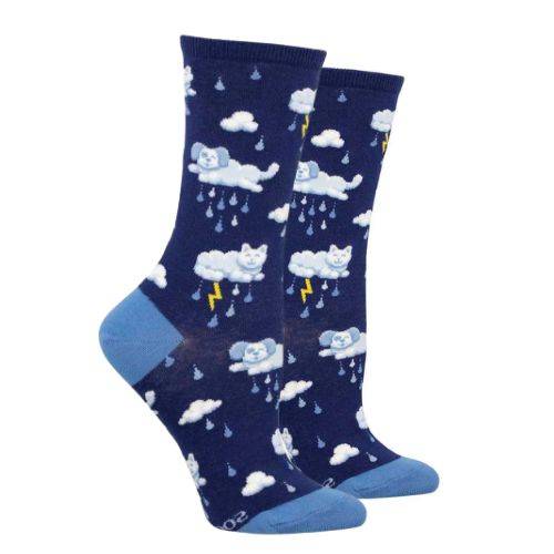 Women's Socksmith Raining Cats And Dogs cotton crew socks in navy blue with playful cat and dog rain cloud pattern, ideal for fun casual wear.