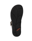 Black outsole with leaf pattern tread and Taos logo near heel.