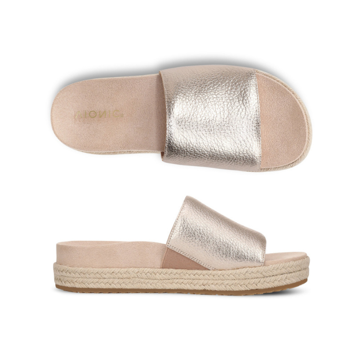 Pair of Gold slide espadrille sandals with Vionic logo'd tan footbed.